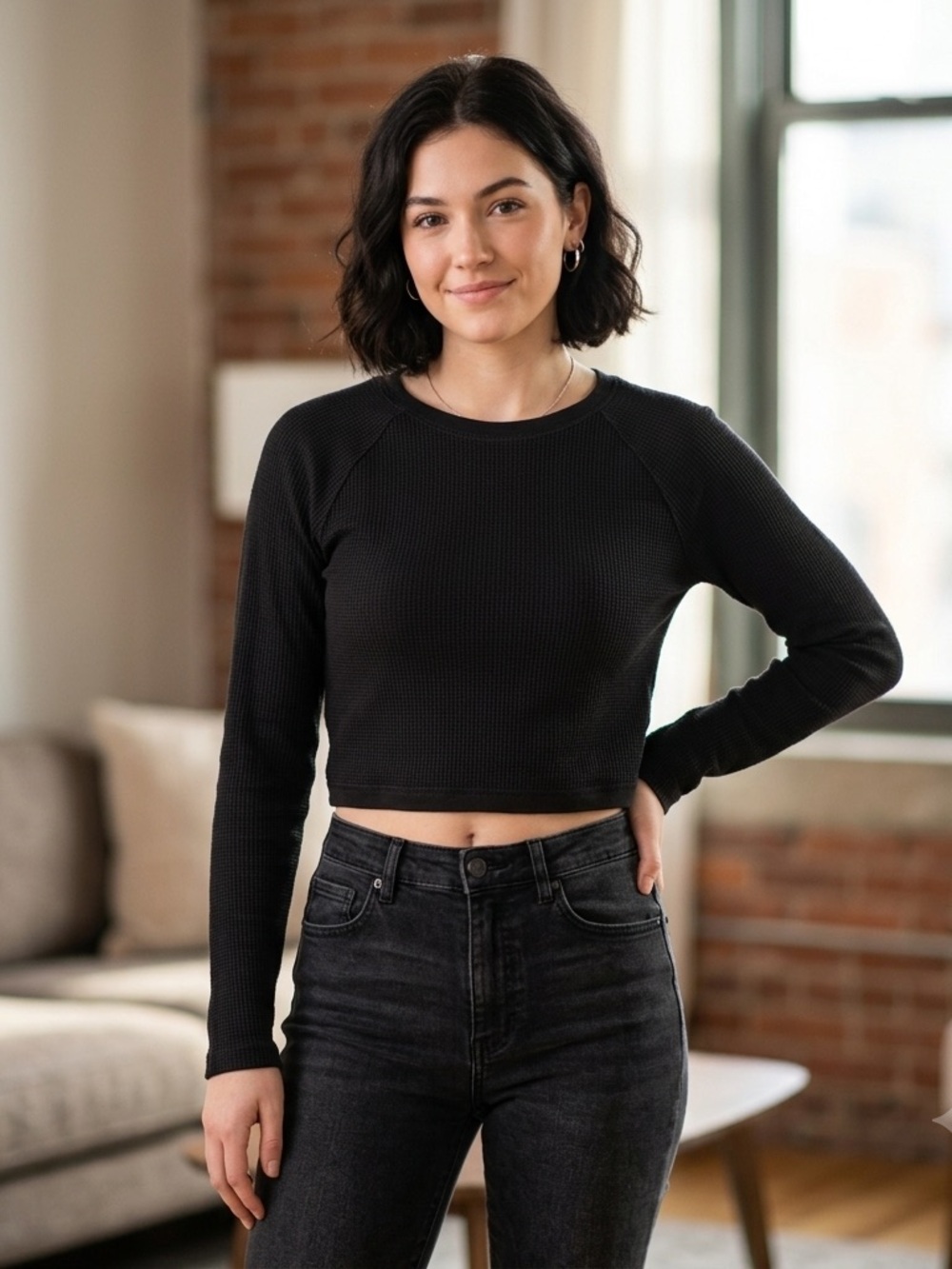 Aerie Offline Cropped Waffle-Knit /
Thermal Long Sleeve Top size L